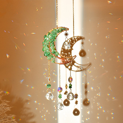Natural Green Aventurine Chip & Brass Moon Hanging Suncatcher Pendant Decoration PW23041116811-1