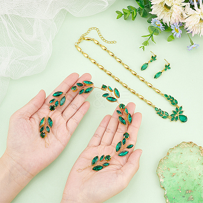 Rhinestone Olive Leaf Dangle Stud Earrings & Pendant Necklace & Bridal Headband SJEW-CA0001-01-1