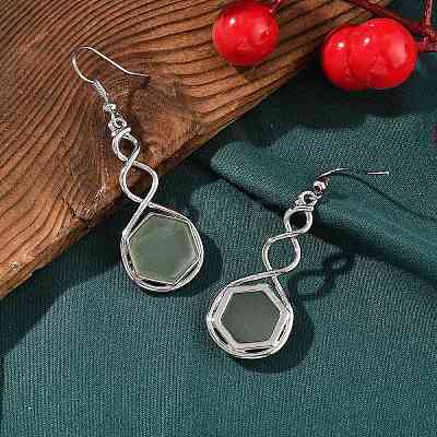 Hexagon Natural Green Aventurine Dangle Earrings EJEW-K298-01P-03-1