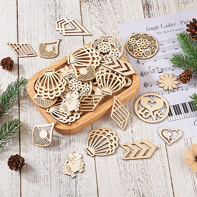 100Pcs 10 Styles Undyed Natural Wooden Big Pendants WOOD-EL0001-03-1