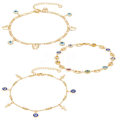 3Pcs 3 Style Butterfly & Cross & Enamel Evil Eye Charm Anklets Set AJEW-AN0001-06-1