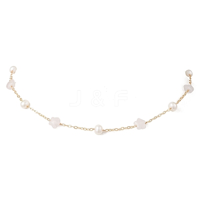 Natural Rose Quartz Star & Natural Freshwater Pearl & Brass Link Chain Necklaces NJEW-JN05687-01-1