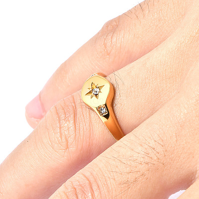 Flat Round with Star Pattern 304 Stainless Steel Micro Pave Clear Cubic Zirconia Finger Rings FS-WG7CEF6-03-1