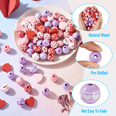 80Pcs 8 Styles Valentine's Day Printed Wood Beads WOOD-TA0003-01-1