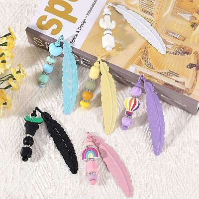 11Pcs 11 Colors Spray Printed Alloy Feather Pendant Bookmarks AJEW-SZ0002-64-1