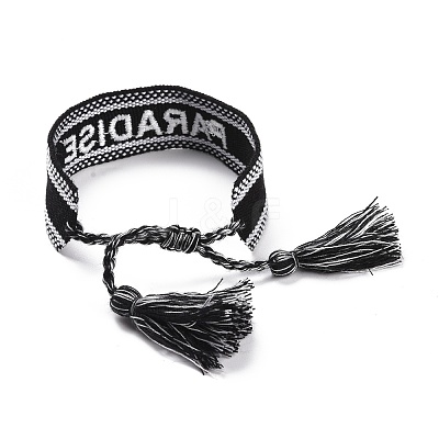 Word Paradise Polycotton(Polyester Cotton) Braided Bracelet with Tassel Charm BJEW-F429-09-1