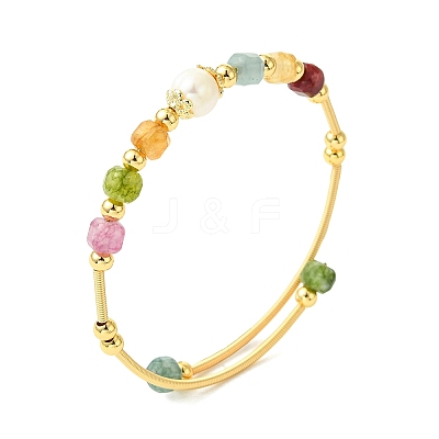 Natural Gemstone & Freshwater Pearl Beaded Copper French Wired Cuff Bangles for Women BJEW-JB13987-1