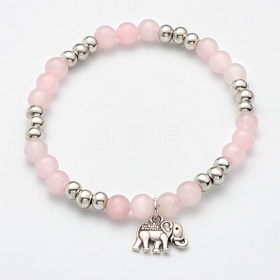 Natural Rose Quartz Beaded Elephant Charm Stretch Bracelets BJEW-JB01974-01-1