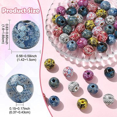 32Pcs 8 Colors Bohemian Style Printed Schima Wood Beads WOOD-YW0001-93-1
