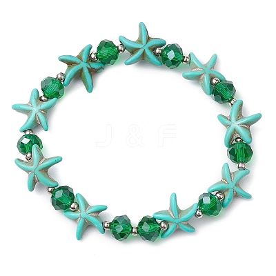 Summer Beach  Starfish Dyed Synthetic Turquoise & Faceted Glass Beaded Stretch Bracelets for Women Men BJEW-JB10454-02-1