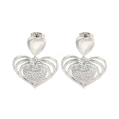 Heart Brass Pave Clear Cubic Zirconia Stud Earrings EJEW-M258-66P-1