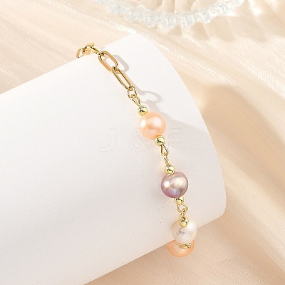 Natural Pearl Two Sides Polished Beaded Chain Bracelets with 304 Stainless Steel Paperclip Chains BJEW-JB14234-02-1