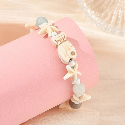 Ocean Synthetic Turquoise Fish Starfish and Natural Flower Amazonite Round Braided Bead Bracelets BJEW-JB14477-1