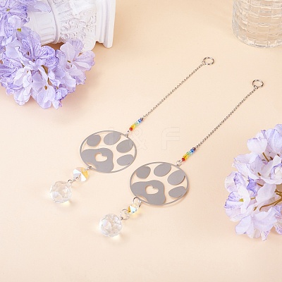 2Pcs 201 Stainless Steel Paw Print Shape & Rainbow Crystal Glass Hanging Suncatcher HJEW-TA00447-1