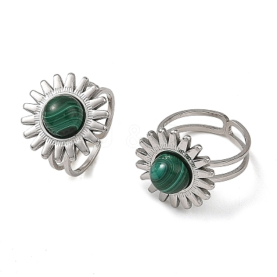 Natural Malachite & Stainless Steel Cuff Open Rings RJEW-JR01091-02-1