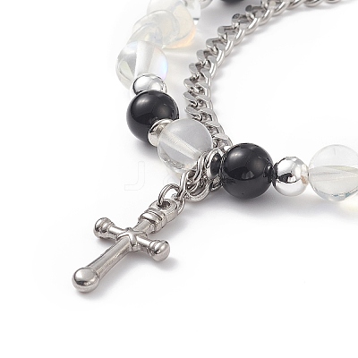 Natural & Synthetic Mixed Stone Beaded Bracelet with Cross Charm BJEW-TA00184-02-1