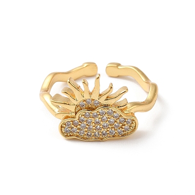 Cloud with Sun Brass Micro Pave Cubic Zirconia Cuff Rings RJEW-P088-01G-1