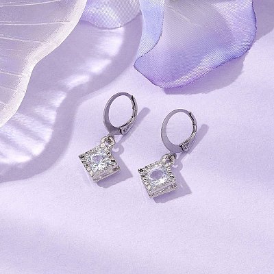 Rhombus Clear Cubic Zirconia with 304 Stainless Steel Hoop Earrings for Women EJEW-JE05992-1