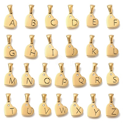 26Pcs Letter A~Z 304 Stainless Steel Heart Pendants with Crystal Rhinestone STAS-Z103-01G-M-1