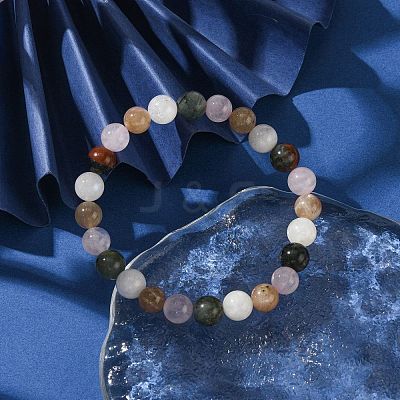 Natural Rose Quartz & Rainbow Moonstone & Sunstone & African Bloodstone Round Beaded Stretch Bracelets BJEW-JB10910-03-1