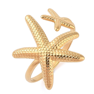 Ion Plating(IP) 304 Stainless Steel Starfish Open Cuff Rings for Women RJEW-Z057-09G-1