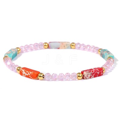 Dyed Synthetic Imperial Jasper Cuboid & Faceted Rondelle Dyed White Jade & Round Brass Beaded Stretch Bracelets QY8342-9-1
