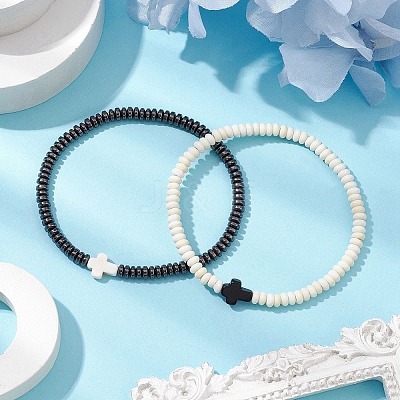 2Pcs Synthetic Hematite & Turquoise Beads Stretch Bracelets for Women Men BJEW-JB11291-1