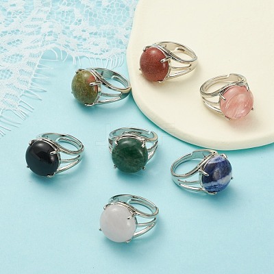 Adjustable Natural & Synthetic Gemstone Finger Rings RJEW-F075-01-1