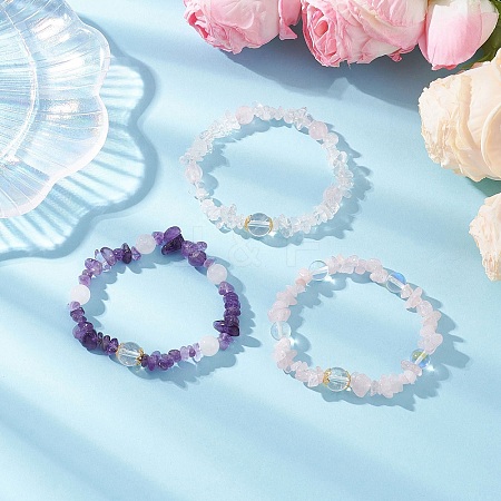 3Pcs Natural Quartz Crystal & Rose Quartz & Amethyst & Malaysia Jade & Synthetic Moonstone Beaded Stretch Bracelets for Women BJEW-JB12305-1