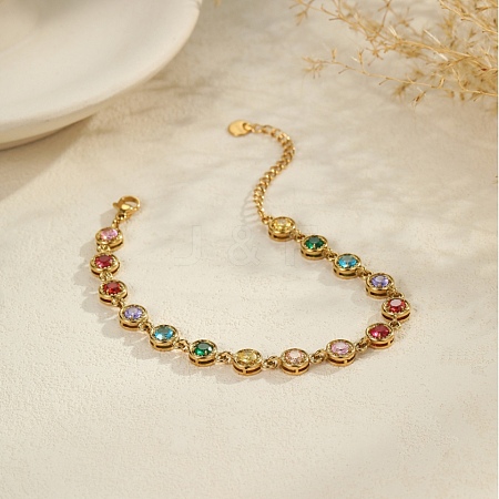 304 Stainless Steel Pave Colorful Cubic Zirconia Tennis Bracelets for Women BJEW-T023-02C-G-1