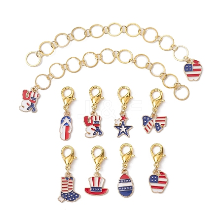 10Pcs USA Flag Element Apple/Star/Bowknot Alloy Enamel Knitting Row Counter Chains & Locking Stitch Markers Kits HJEW-JM01337-1