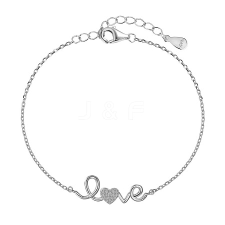 Word LOVE Rhodium Plated 925 Sterling Silver Micro Pave Cubic Zirconia Link Bracelets for Women BJEW-C062-03P-1