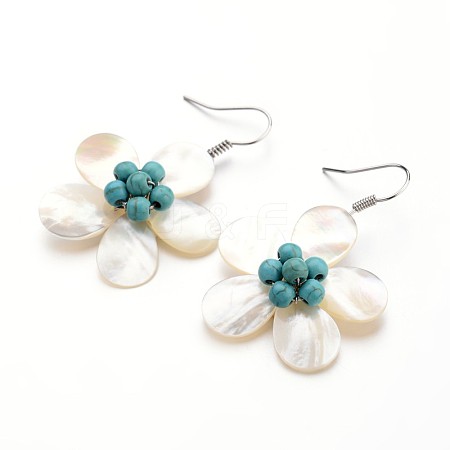 Flower Shell Pearl Dangle Earrings EJEW-I203-03B-1