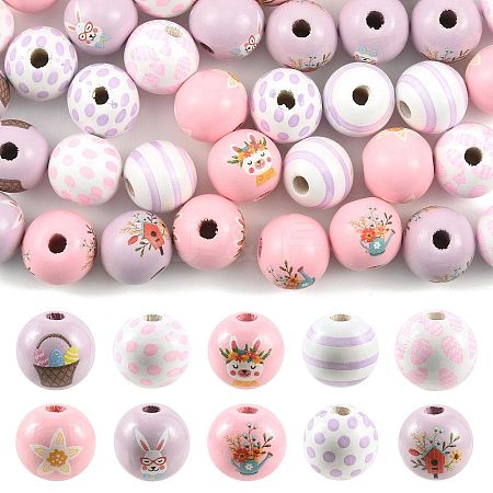 40Pcs 10 Colors Easter Theme Printed Wood Beads WOOD-FS0002-55B-1