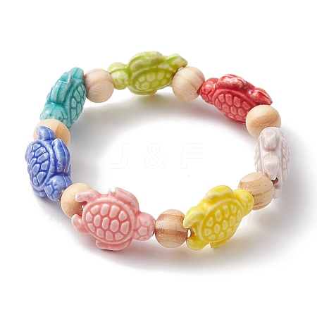 Beach Tortoise Handmade Procelain & Wood Round Beaded Stretch Bracelets BJEW-JB10299-02-1