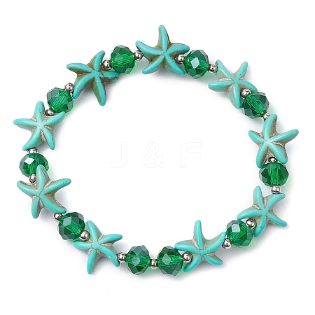 Summer Beach  Starfish Dyed Synthetic Turquoise & Faceted Glass Beaded Stretch Bracelets for Women Men BJEW-JB10454-02-1