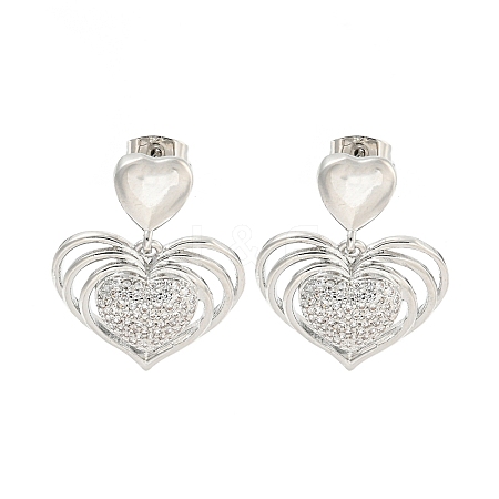 Heart Brass Pave Clear Cubic Zirconia Stud Earrings EJEW-M258-66P-1