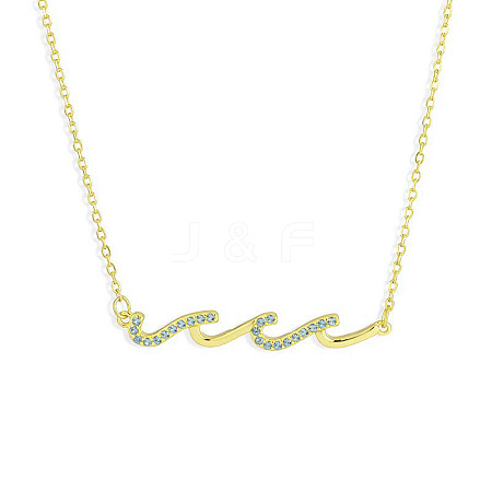 Brass Micro Pave Light Sky Blue Cubic Zirconia Wave Shaped Pendant Cable Chain Necklaces for Women NJEW-R005-01G-1