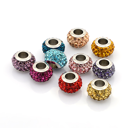 304 Stainless Steel Polymer Clay Rhinestone European Beads CPDL-J015-M-1