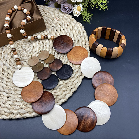 Bohemian Vintage Style Wooden Flat Round Beaded Necklaces & Dangle Earrings & Beadeed Bracelets Sets for Women FS-WGEDB9C-01-1