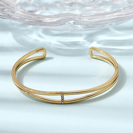 304 Stainless Steel Micro Pave Cubic Zirconia Double Layer Cuff Bangle for Women BJEW-K303-01G-1
