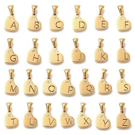 26Pcs Letter A~Z 304 Stainless Steel Heart Pendants with Crystal Rhinestone STAS-Z103-01G-M-1