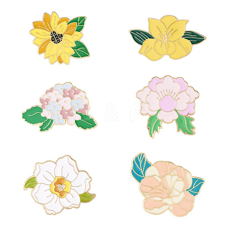  6Pcs 6 Style Flower Enamel Pin JEWB-TA0001-13-1