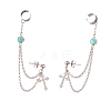 Synthetic Green Turquoise Beaded Hanging Chain Dangle Stud Earrings with Ear Cuff EJEW-TA00149-2