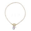 Printed Brass Oval Pendant Natural Cultured Freshwater Pearl Beaded Necklaces for Women NJEW-JN06384-2
