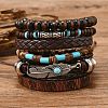 6Pcs 6 Styles Wood & Synthetic Turquoise Beaded Stretch Bracelets & Alloy Synthetic Turquoise Link Bracelets & Retro PU Leather Cord Bracelets for Men's FS-WG129F8-04-1