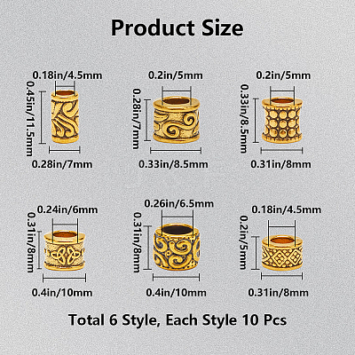 60Pcs 6 Styles Tibetan Style Alloy European Beads TIBEB-SP0001-08-1