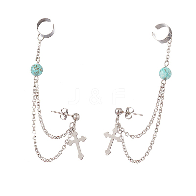 Synthetic Green Turquoise Beaded Hanging Chain Dangle Stud Earrings with Ear Cuff EJEW-TA00149-1