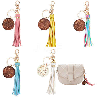 5Pcs 5 Colors Mother's Day PU Leather Tassel Big Pendant Decorations with Wooden Mama Charm HJEW-WR0001-02-1