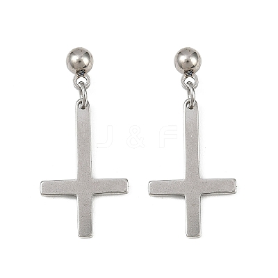 Christian Upside Down Cross 201 Stainless Steel Dangle Stud Earrings EJEW-P314-01A-P-1